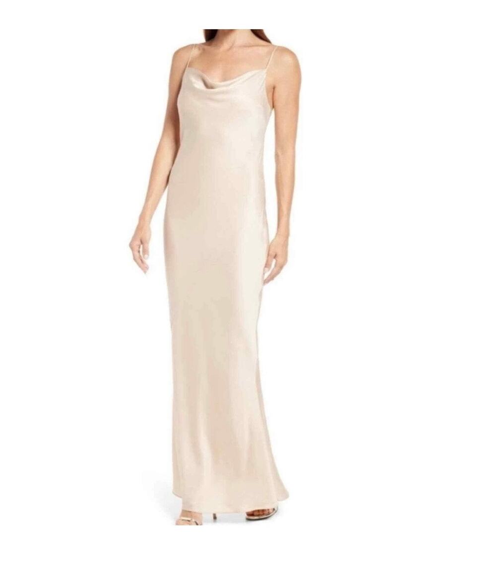 Shonajoy Luxe Bias Cowl Neck Sleeveless Maxi Evening Slip Dress Champagne Size 6
